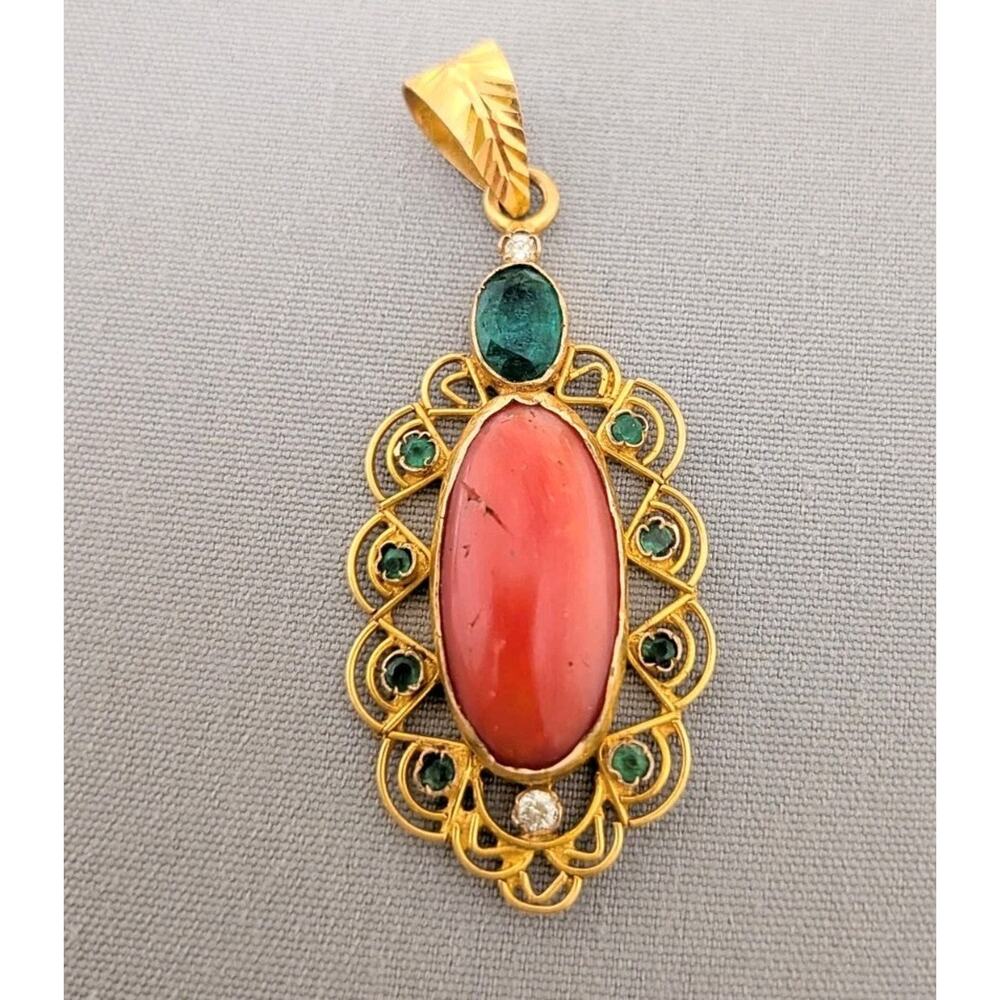 Yellow Gold Coral Jade Diamond Pendant Handmade India Filigree Vintage Style